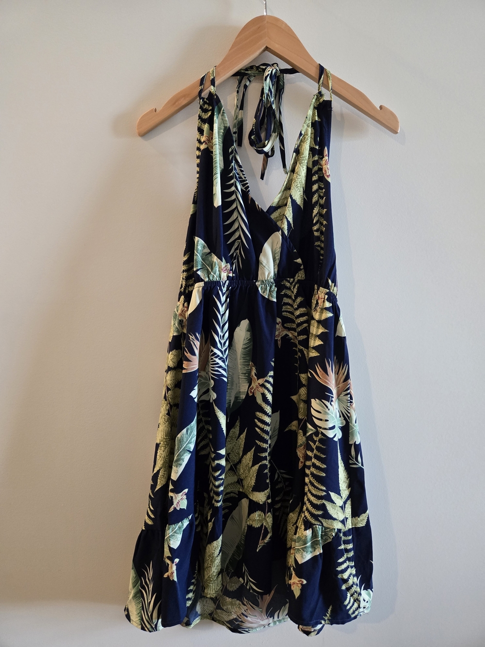 Cupshe Women's Navy Green Tropical Dual Strap Ruffle Hem Mini Dress Size M